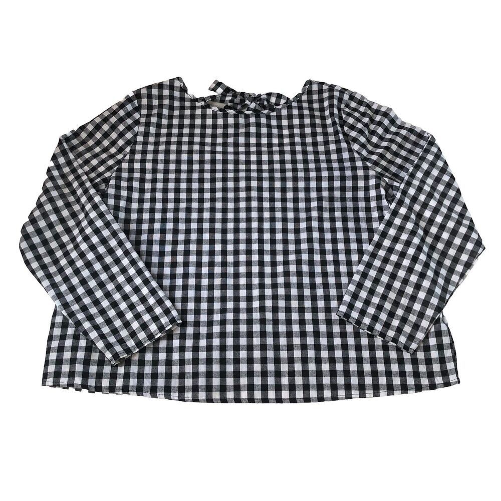 SHEIN CURVE Womens Black White Gingham Long Sleeve Blouse Back Tie Top 1XL 0731